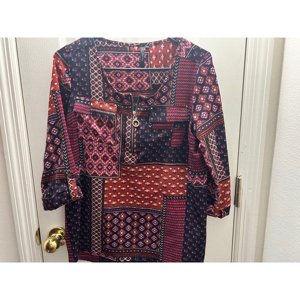 Cathy Women's Patchwork Boho Blouse Zip Neck Roll Tab Sleeve Tunic Top Size L